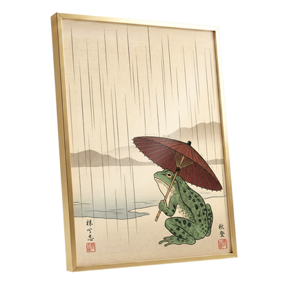 Parasol Frog in Rain, green, red, beige nature wall art shown as a gold framed poster wall art print