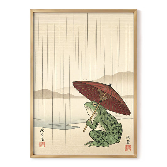 Parasol Frog in Rain, green, red, beige nature wall art, front artwork view