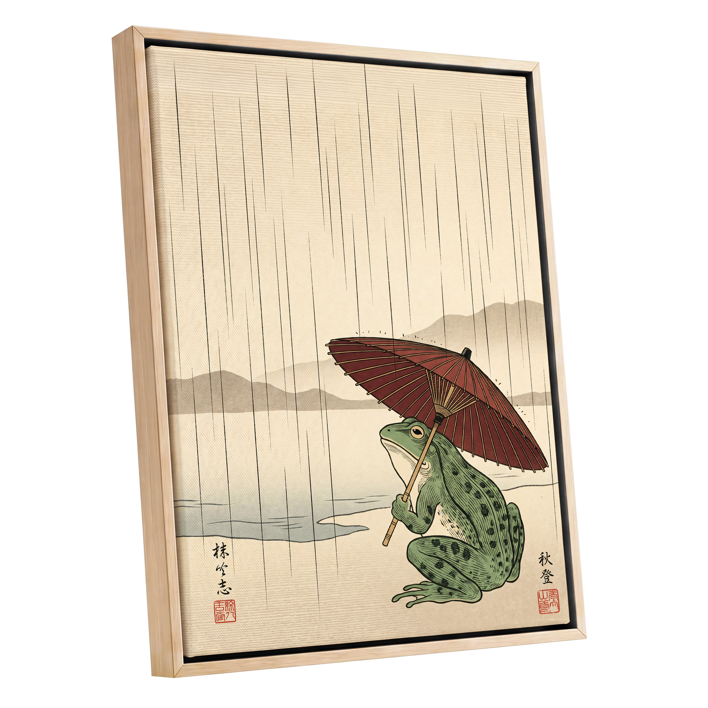 Parasol Frog in Rain, green, red, beige nature wall art shown as a oak framed canvas wall art