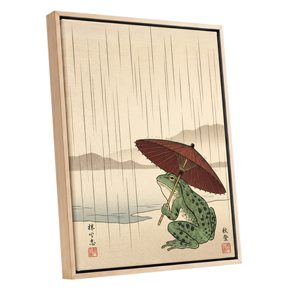 Parasol Frog in Rain, green, red, beige nature wall art shown as a oak framed canvas wall art