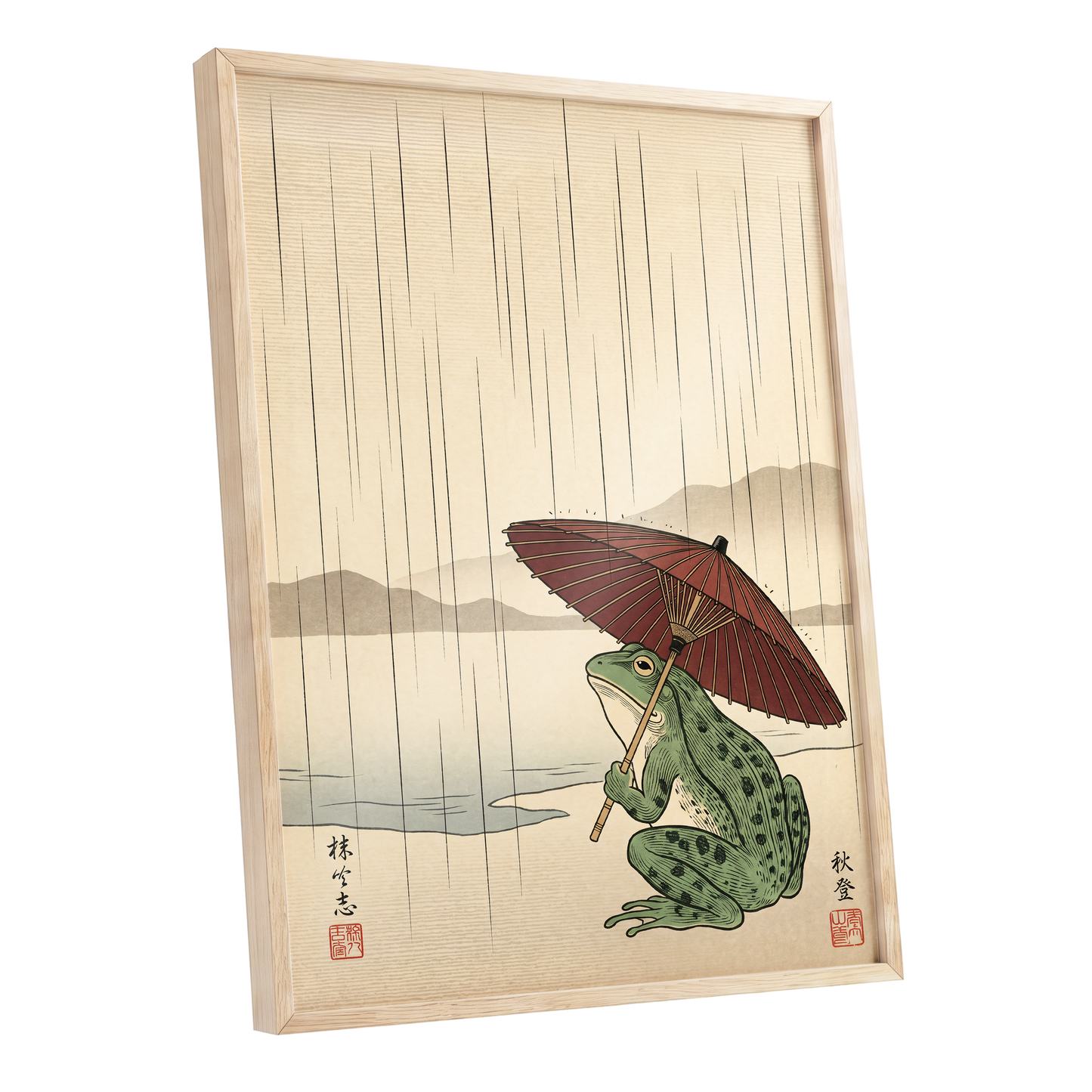 Parasol Frog in Rain, green, red, beige nature wall art shown as a oak framed poster wall art print