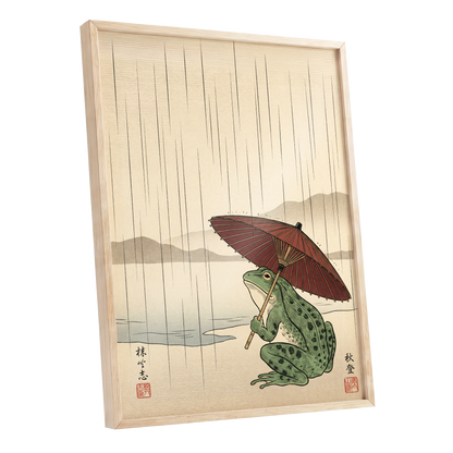 Parasol Frog in Rain, green, red, beige nature wall art shown as a oak framed poster wall art print