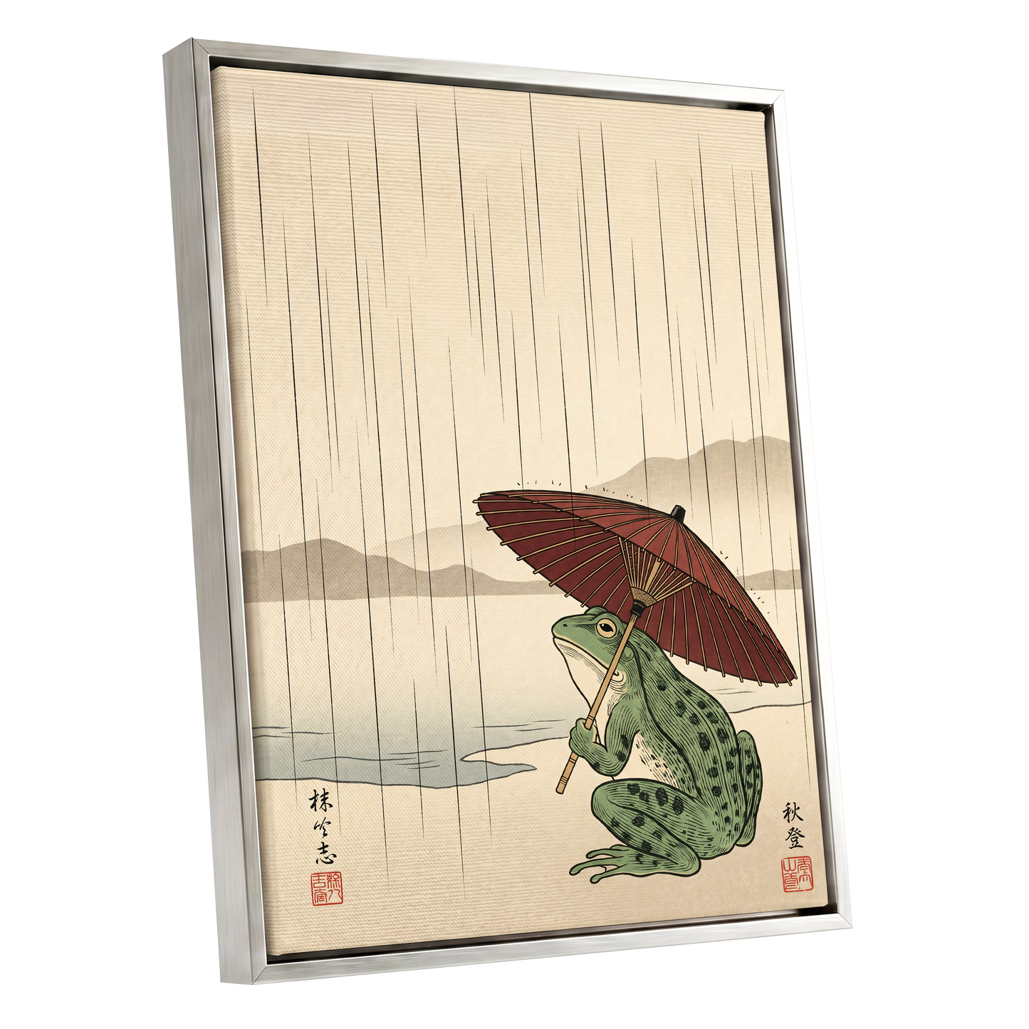 Parasol Frog in Rain, green, red, beige nature wall art shown as a silver framed canvas wall art