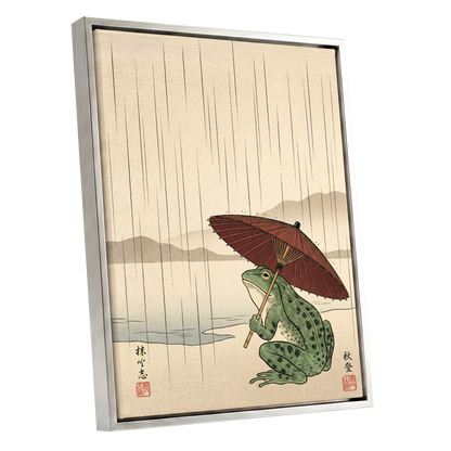 Parasol Frog in Rain, green, red, beige nature wall art shown as a silver framed canvas wall art