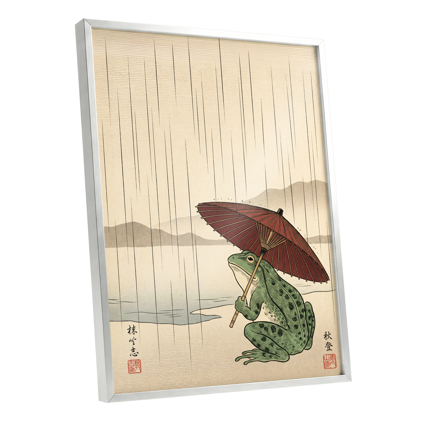 Parasol Frog in Rain, green, red, beige nature wall art shown as a silver framed poster wall art print