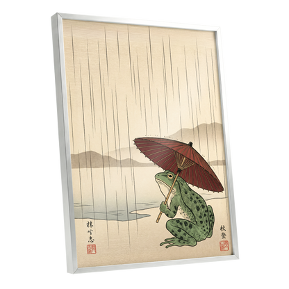 Parasol Frog in Rain, green, red, beige nature wall art shown as a silver framed poster wall art print