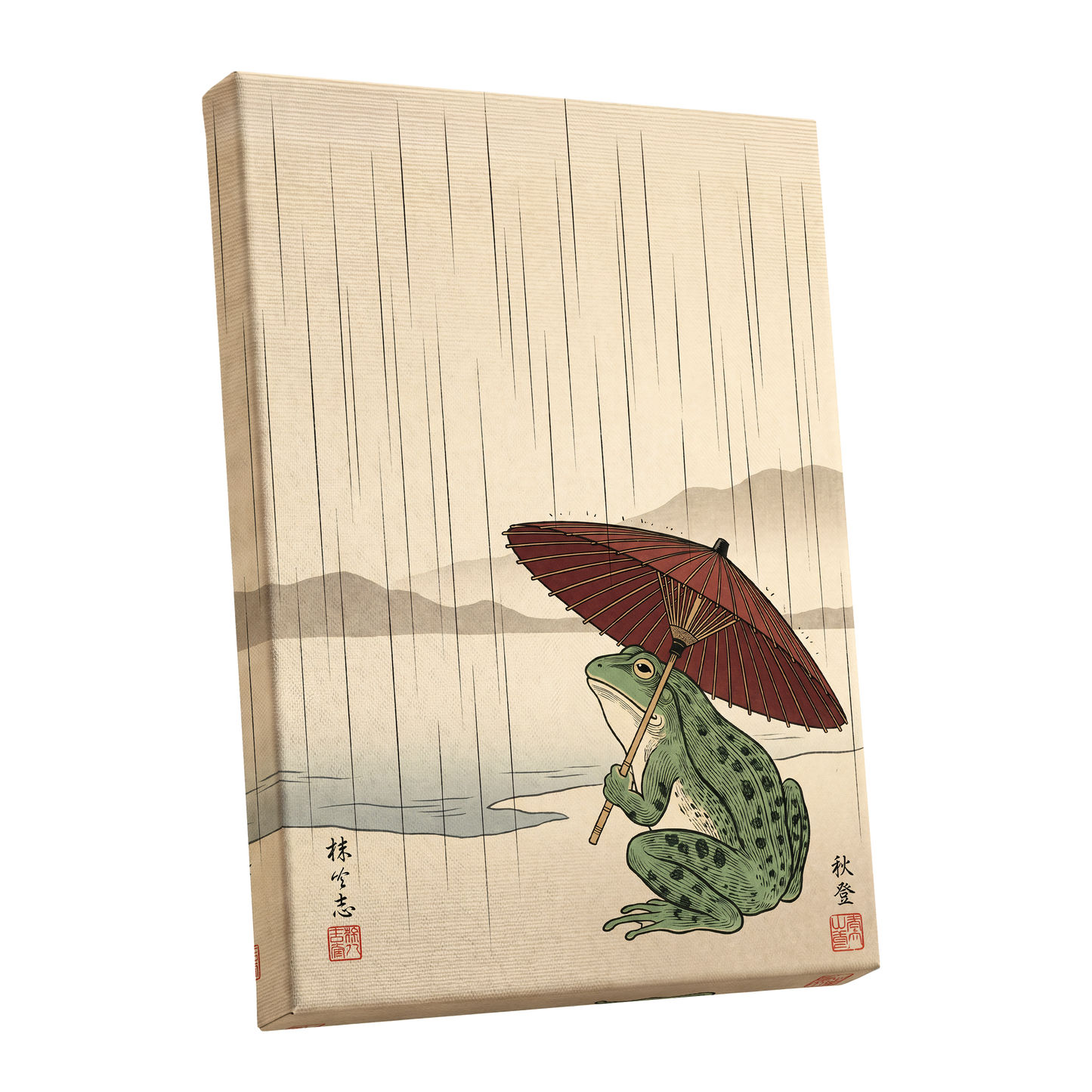 Parasol Frog in Rain, green, red, beige nature wall art shown as a stretched canvas wall art