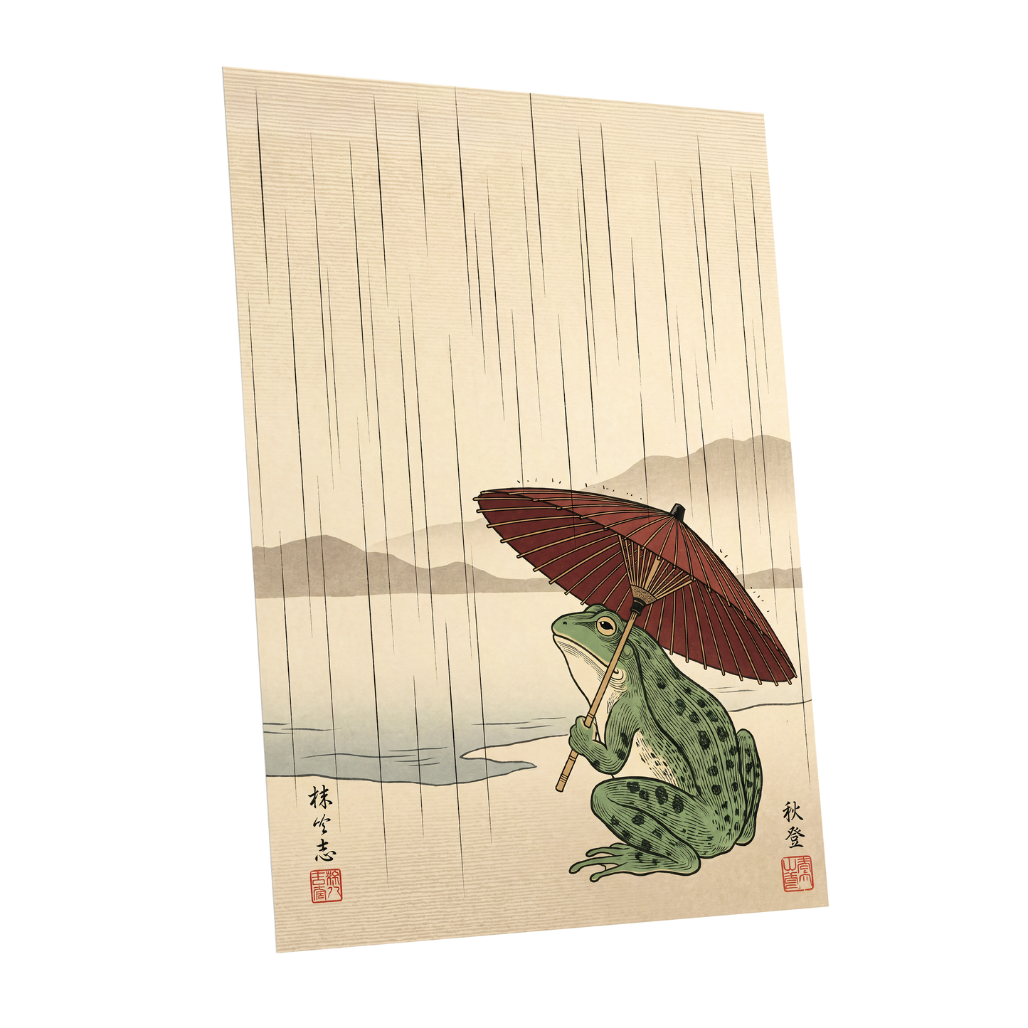Parasol Frog in Rain, green, red, beige nature wall art shown as a unframed poster wall art print
