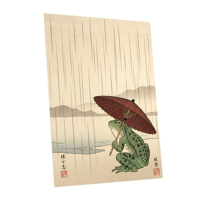Parasol Frog in Rain, green, red, beige nature wall art shown as a unframed poster wall art print