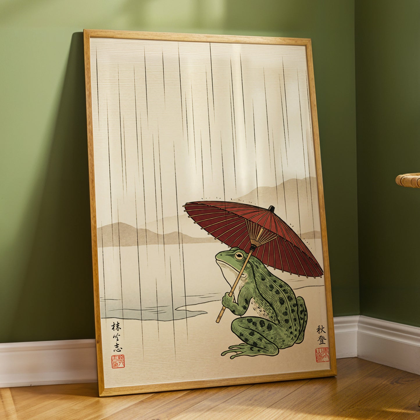 Parasol Frog in Rain, green, red, beige nature wall art displayed in a styled interior, gallery view 2