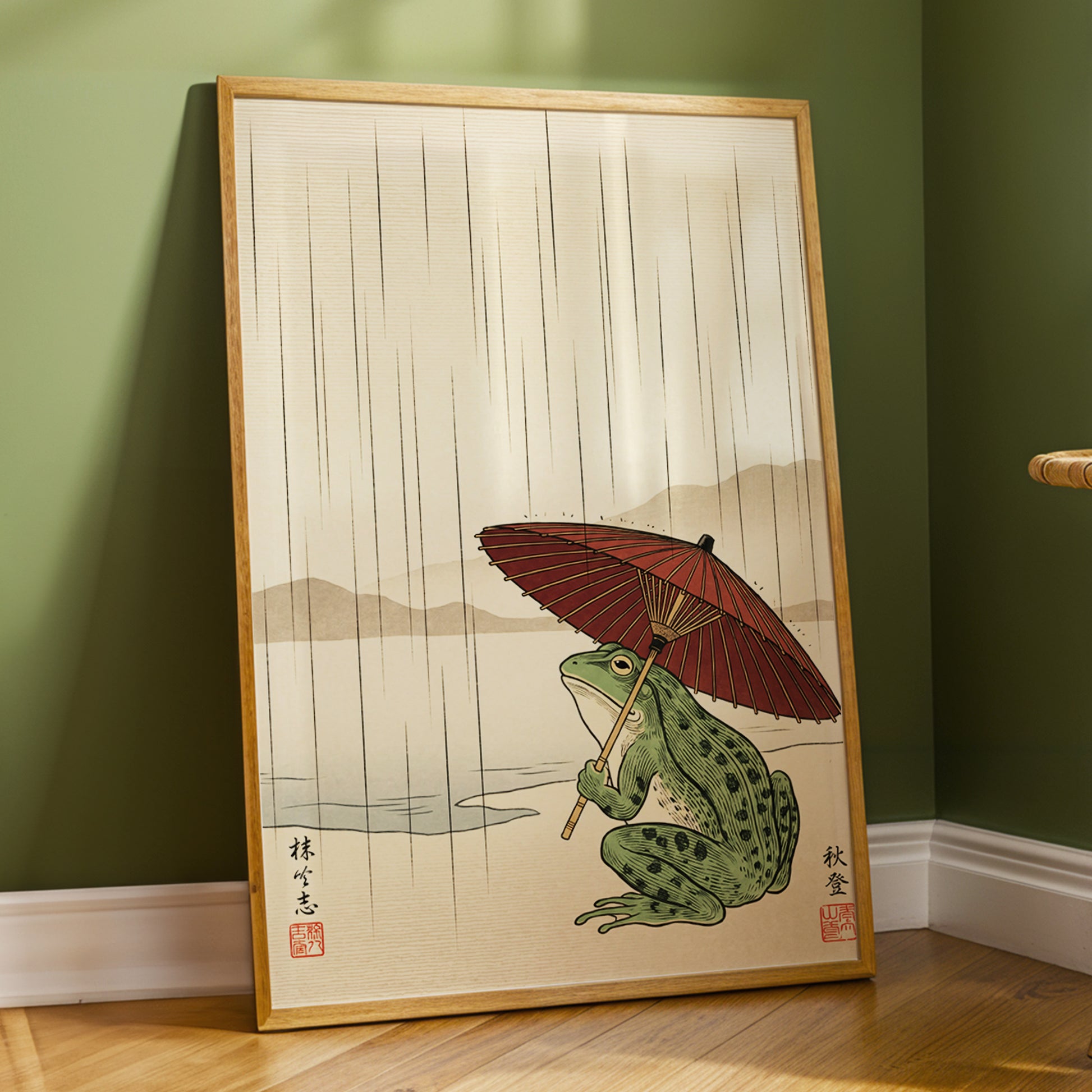Parasol Frog in Rain, green, red, beige nature wall art displayed in a styled interior, gallery view 2