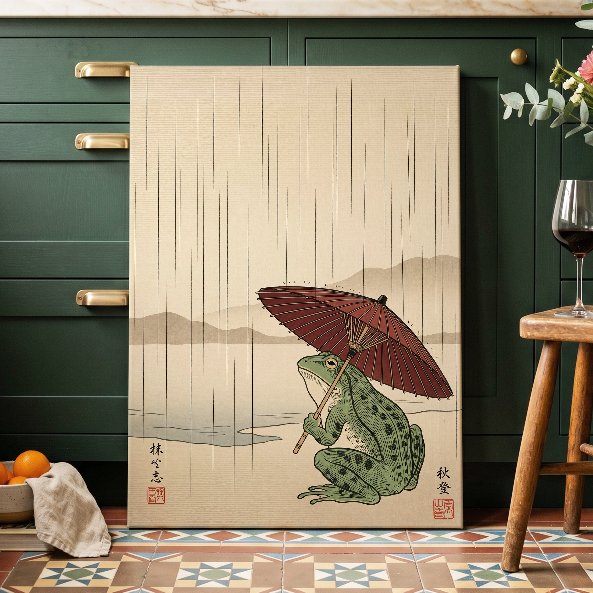 Parasol Frog in Rain, green, red, beige nature wall art displayed in a styled interior, gallery view 3