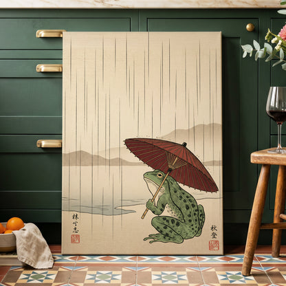 Parasol Frog in Rain, green, red, beige nature wall art displayed in a styled interior, gallery view 3