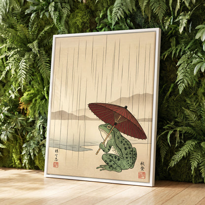 Parasol Frog in Rain, green, red, beige nature wall art displayed in a styled interior, gallery view 4
