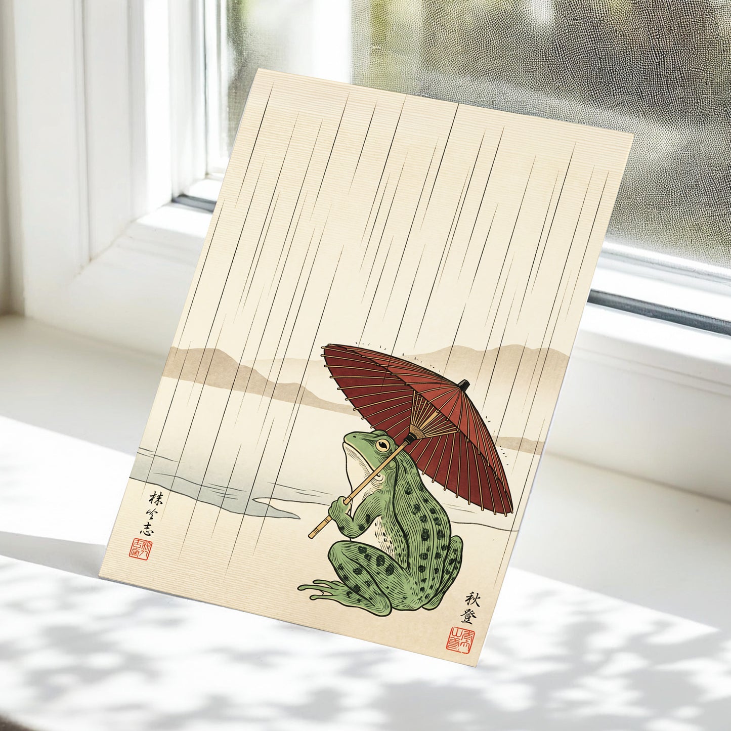 Parasol Frog in Rain, green, red, beige nature wall art displayed in a styled interior, gallery view 5
