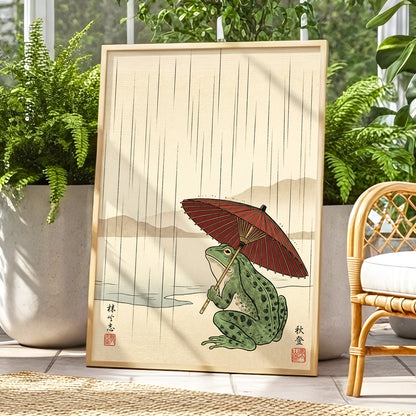 Parasol Frog in Rain, green, red, beige nature wall art displayed in a styled interior, gallery view 6