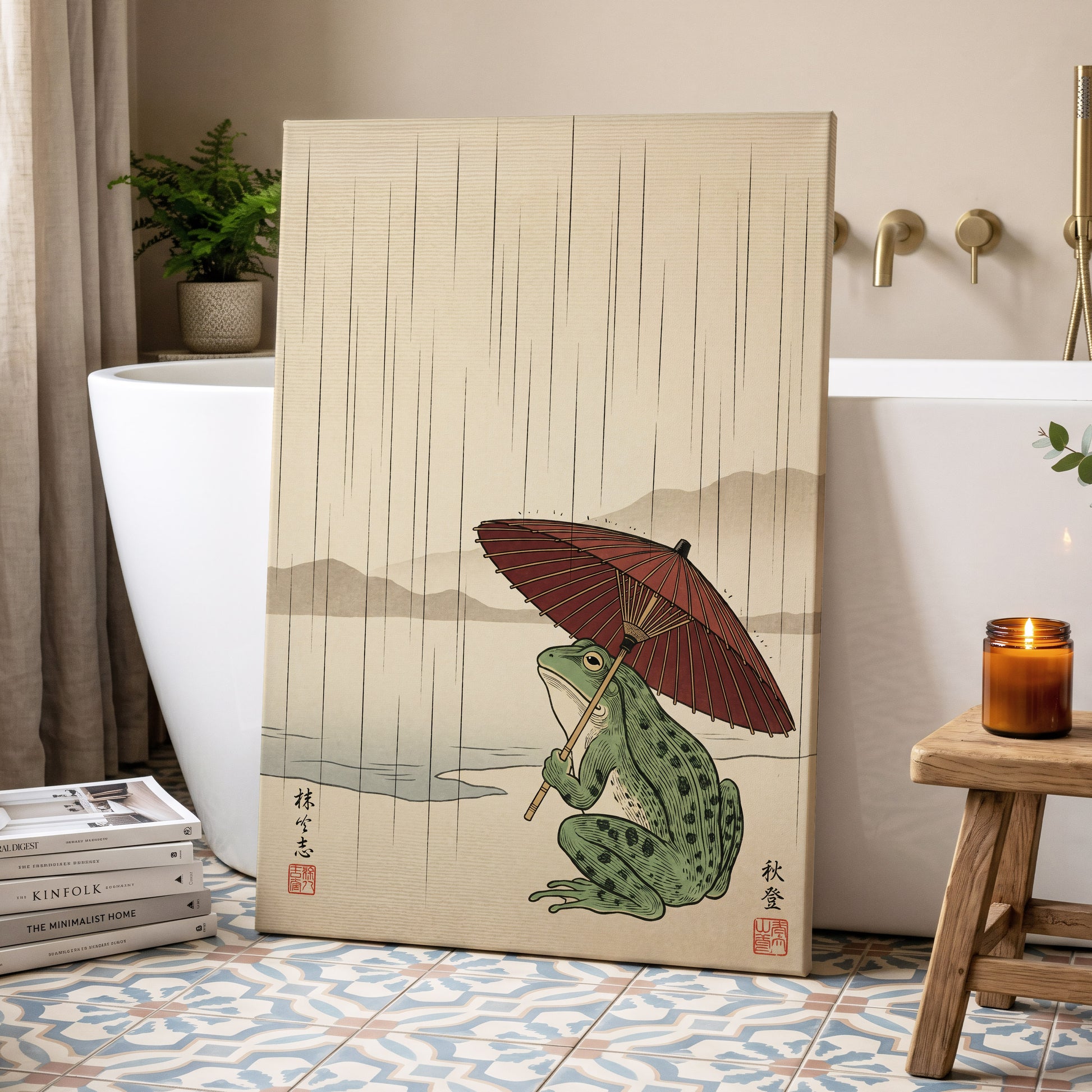 Parasol Frog in Rain, green, red, beige nature wall art displayed in a styled interior, gallery view 7