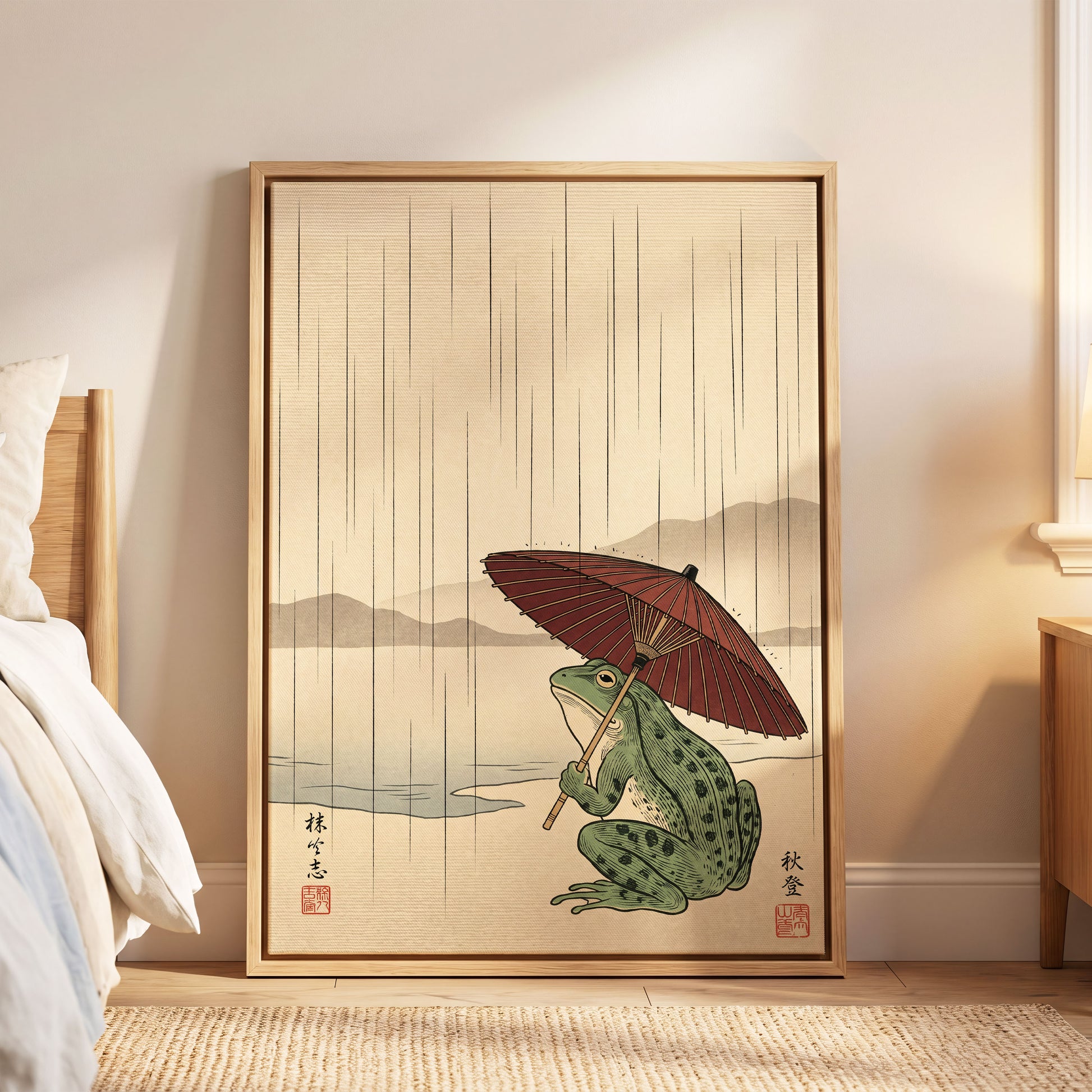 Parasol Frog in Rain, green, red, beige nature wall art displayed in a styled interior, gallery view 8