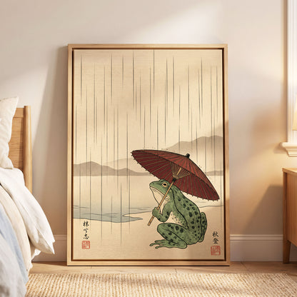 Parasol Frog in Rain, green, red, beige nature wall art displayed in a styled interior, gallery view 8