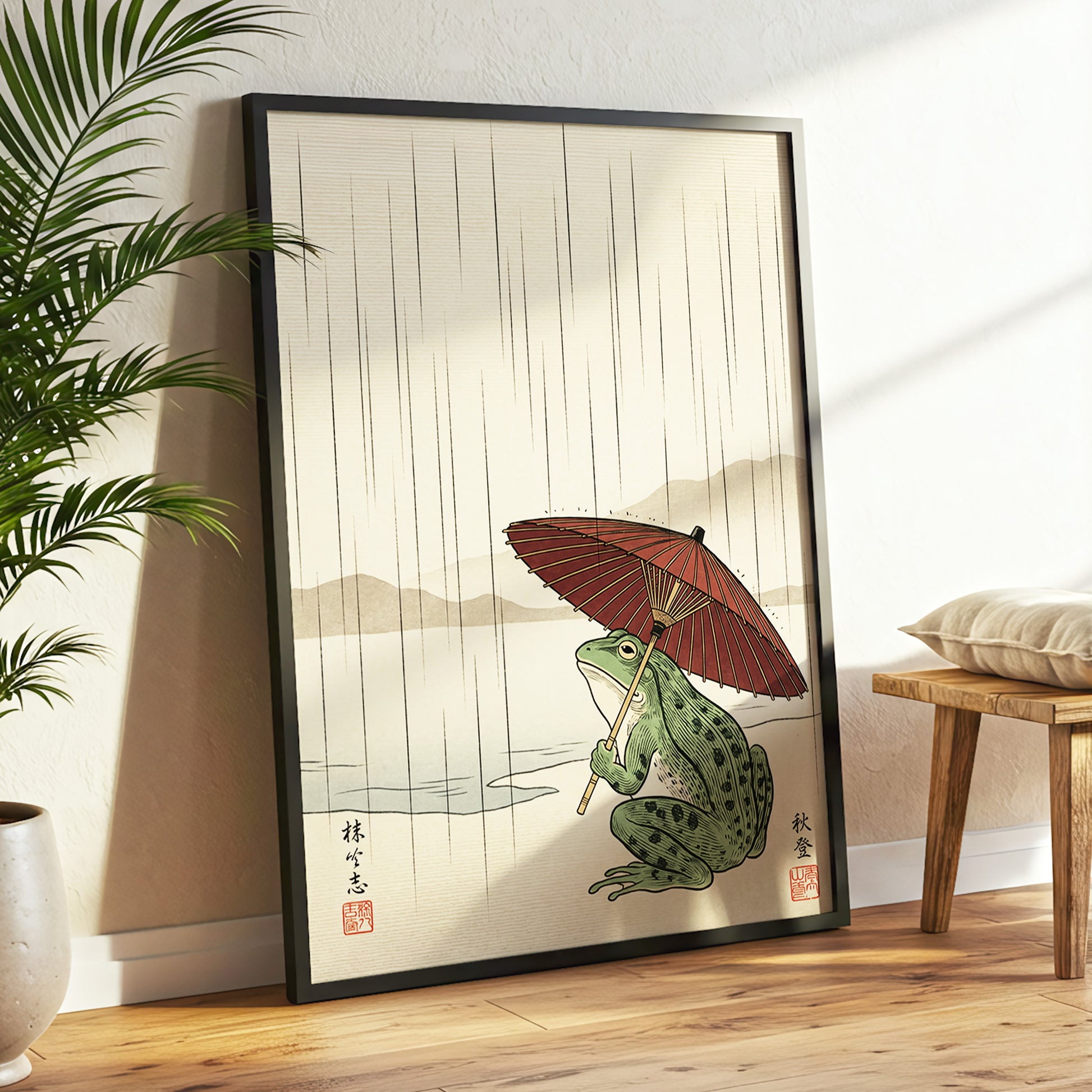 Parasol Frog in Rain, green, red, beige nature wall art displayed in a styled interior, gallery view 9