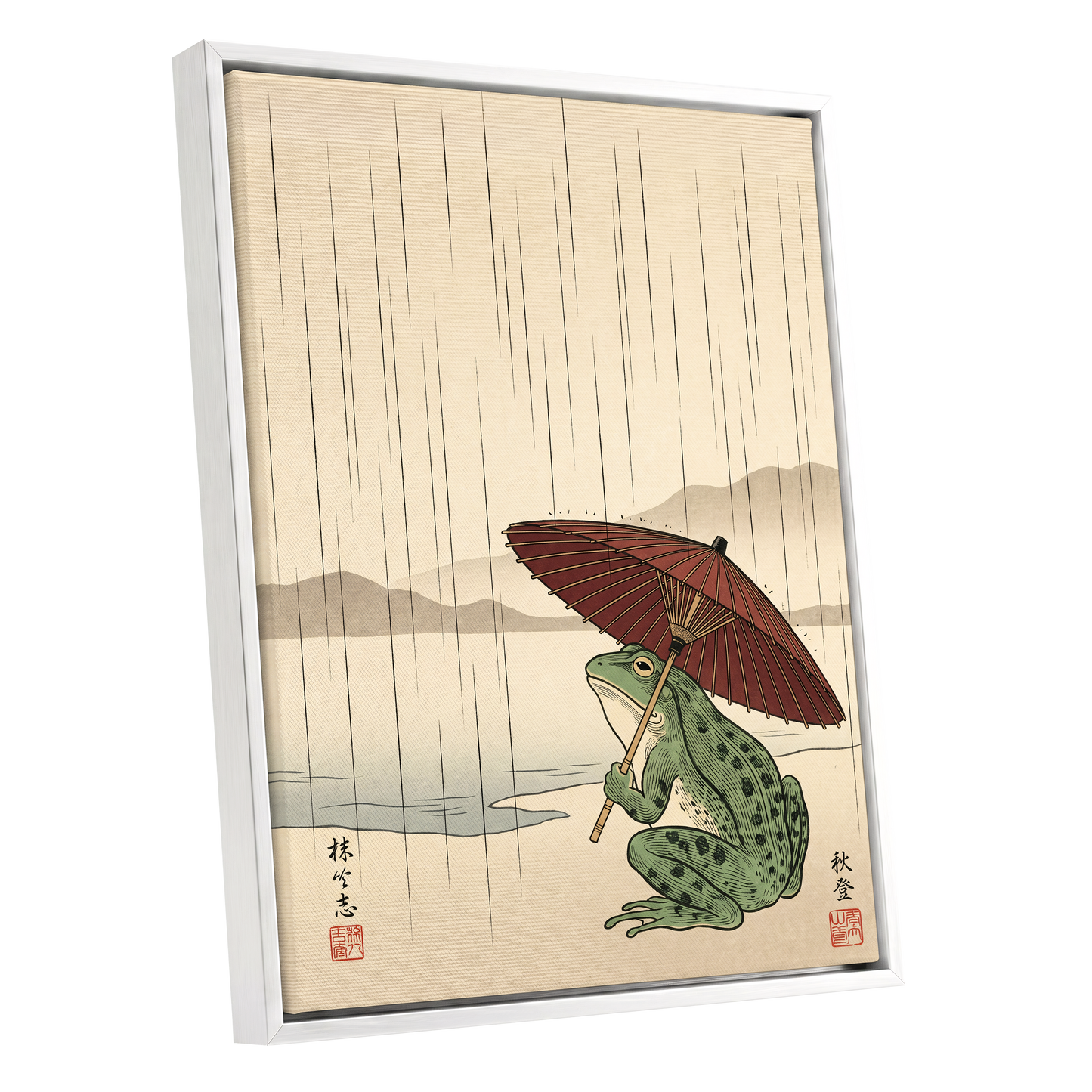 Parasol Frog in Rain, green, red, beige nature wall art shown as a white framed canvas wall art