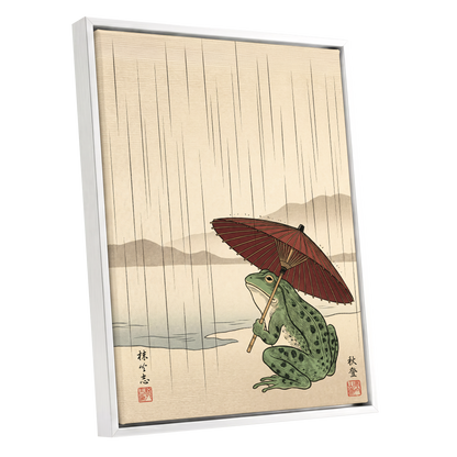 Parasol Frog in Rain, green, red, beige nature wall art shown as a white framed canvas wall art