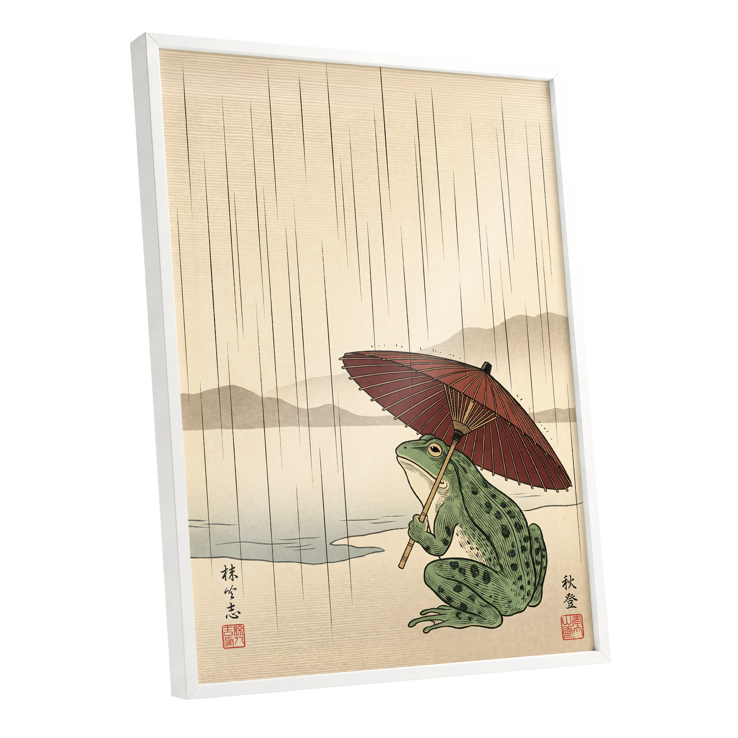 Parasol Frog in Rain, green, red, beige nature wall art shown as a white framed poster wall art print