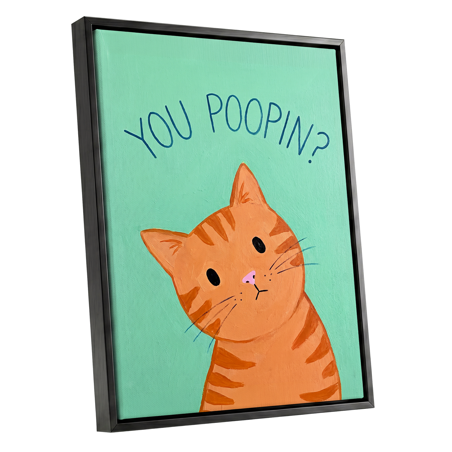 Pardon the Purr?, green, orange, blue nature wall art shown as a black framed canvas wall art