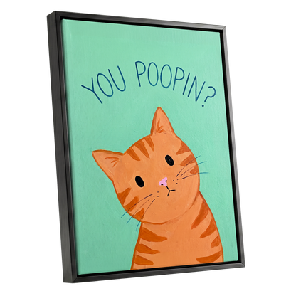 Pardon the Purr?, green, orange, blue nature wall art shown as a black framed canvas wall art