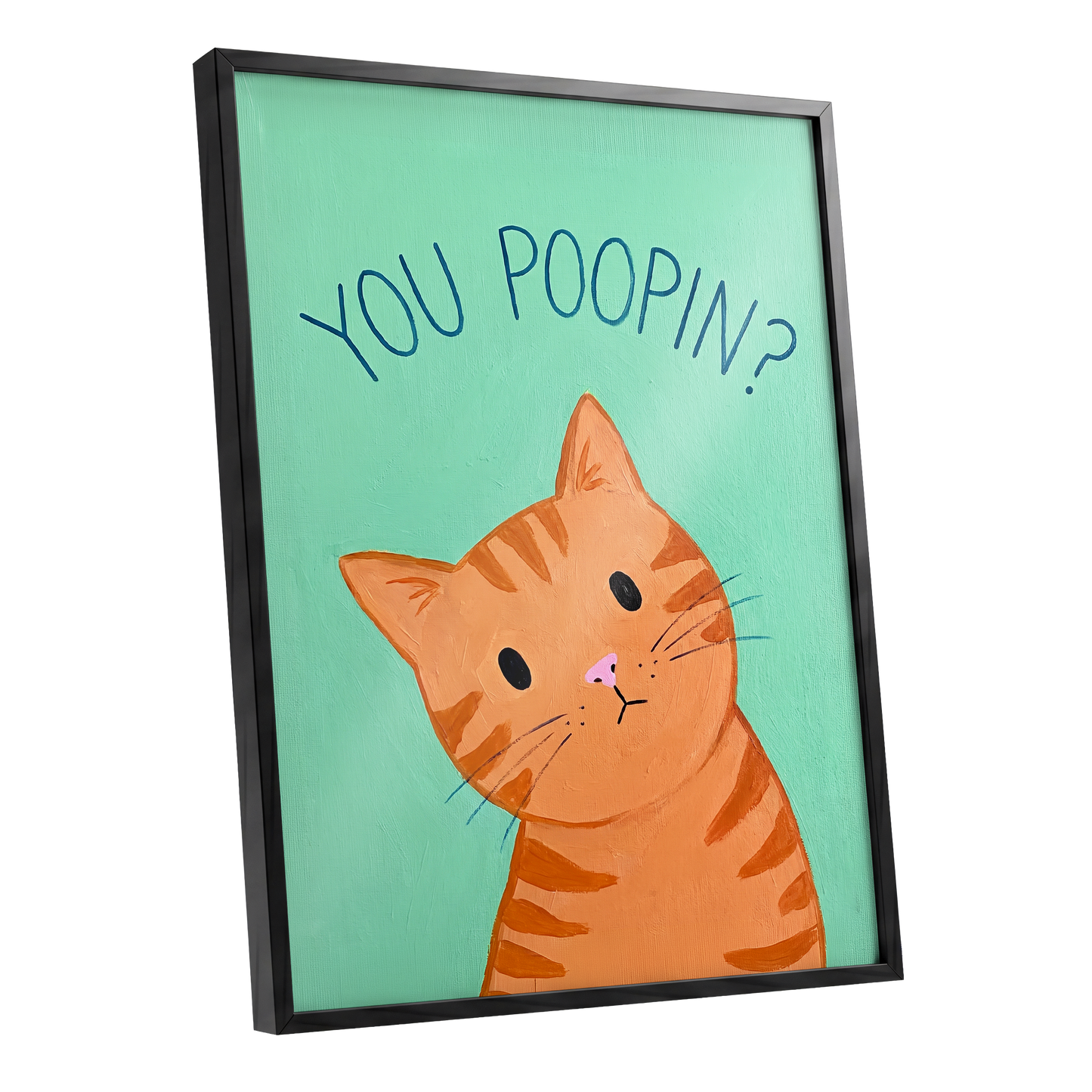 Pardon the Purr?, green, orange, blue nature wall art shown as a black framed poster wall art print