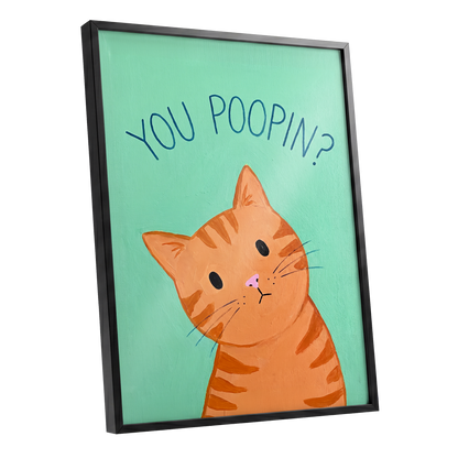 Pardon the Purr?, green, orange, blue nature wall art shown as a black framed poster wall art print