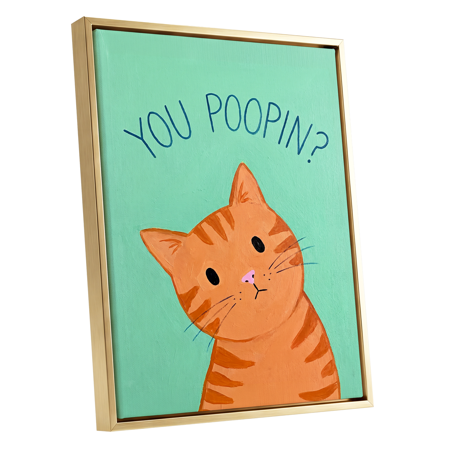 Pardon the Purr?, green, orange, blue nature wall art shown as a gold framed canvas wall art