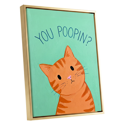 Pardon the Purr?, green, orange, blue nature wall art shown as a gold framed canvas wall art