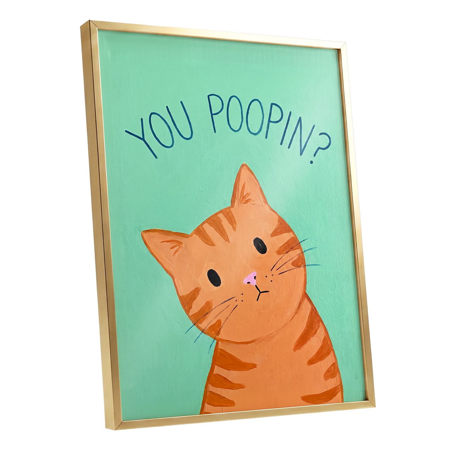 Pardon the Purr?, green, orange, blue nature wall art shown as a gold framed poster wall art print