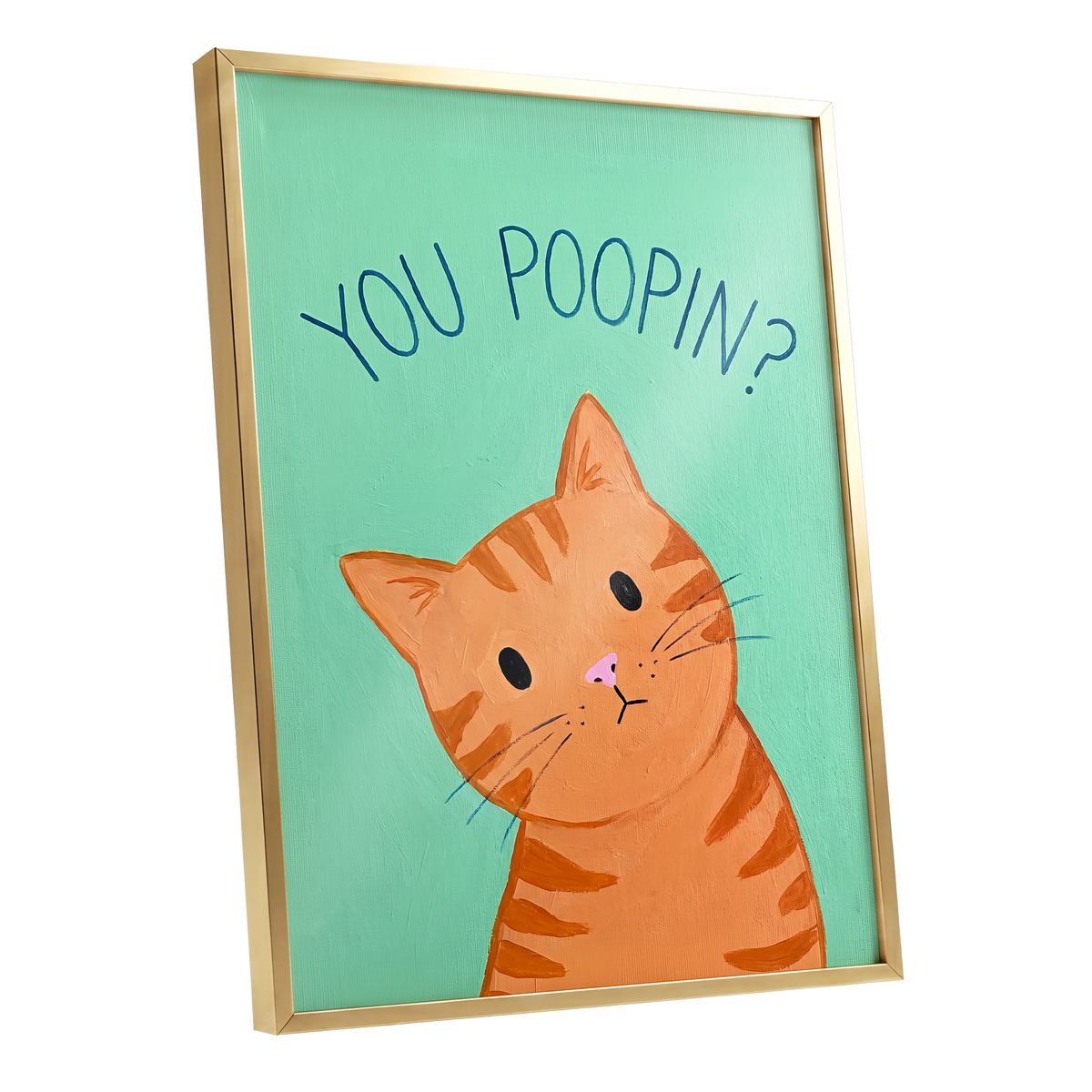 Pardon the Purr?, green, orange, blue nature wall art shown as a gold framed poster wall art print