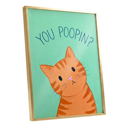 Pardon the Purr?, green, orange, blue nature wall art shown as a gold framed poster wall art print