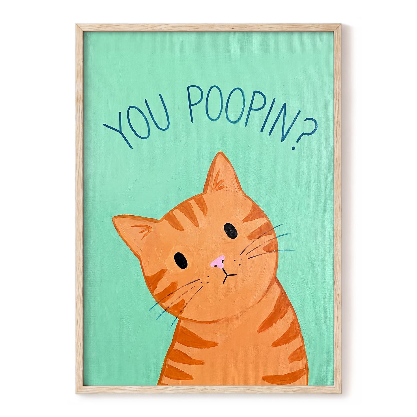 Pardon the Purr?, green, orange, blue nature wall art, front artwork view