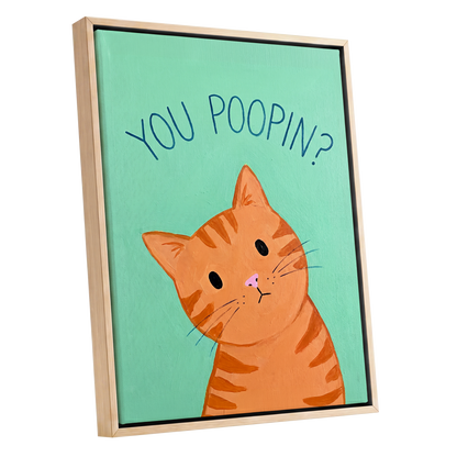 Pardon the Purr?, green, orange, blue nature wall art shown as a oak framed canvas wall art