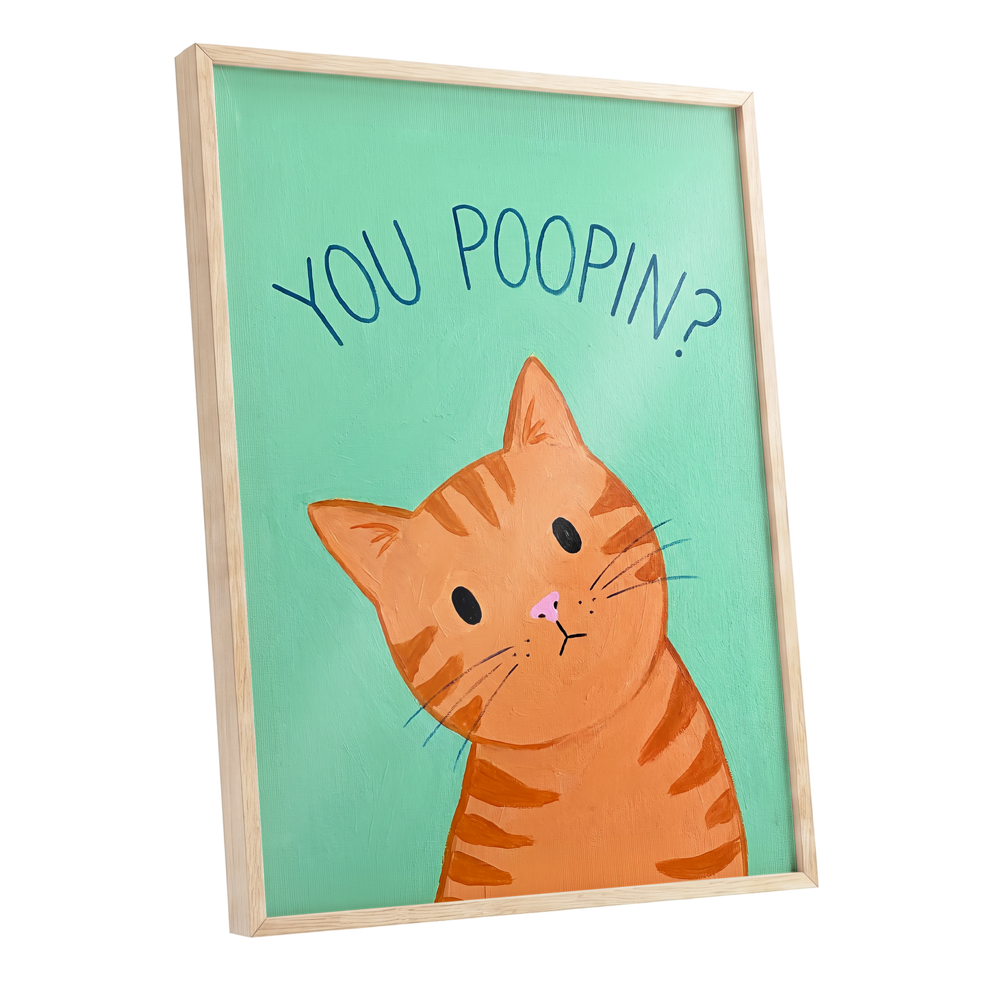 Pardon the Purr?, green, orange, blue nature wall art shown as a oak framed poster wall art print