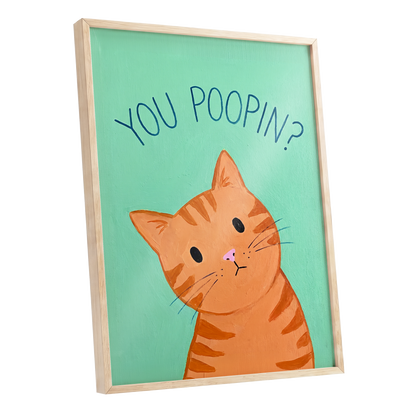 Pardon the Purr?, green, orange, blue nature wall art shown as a oak framed poster wall art print