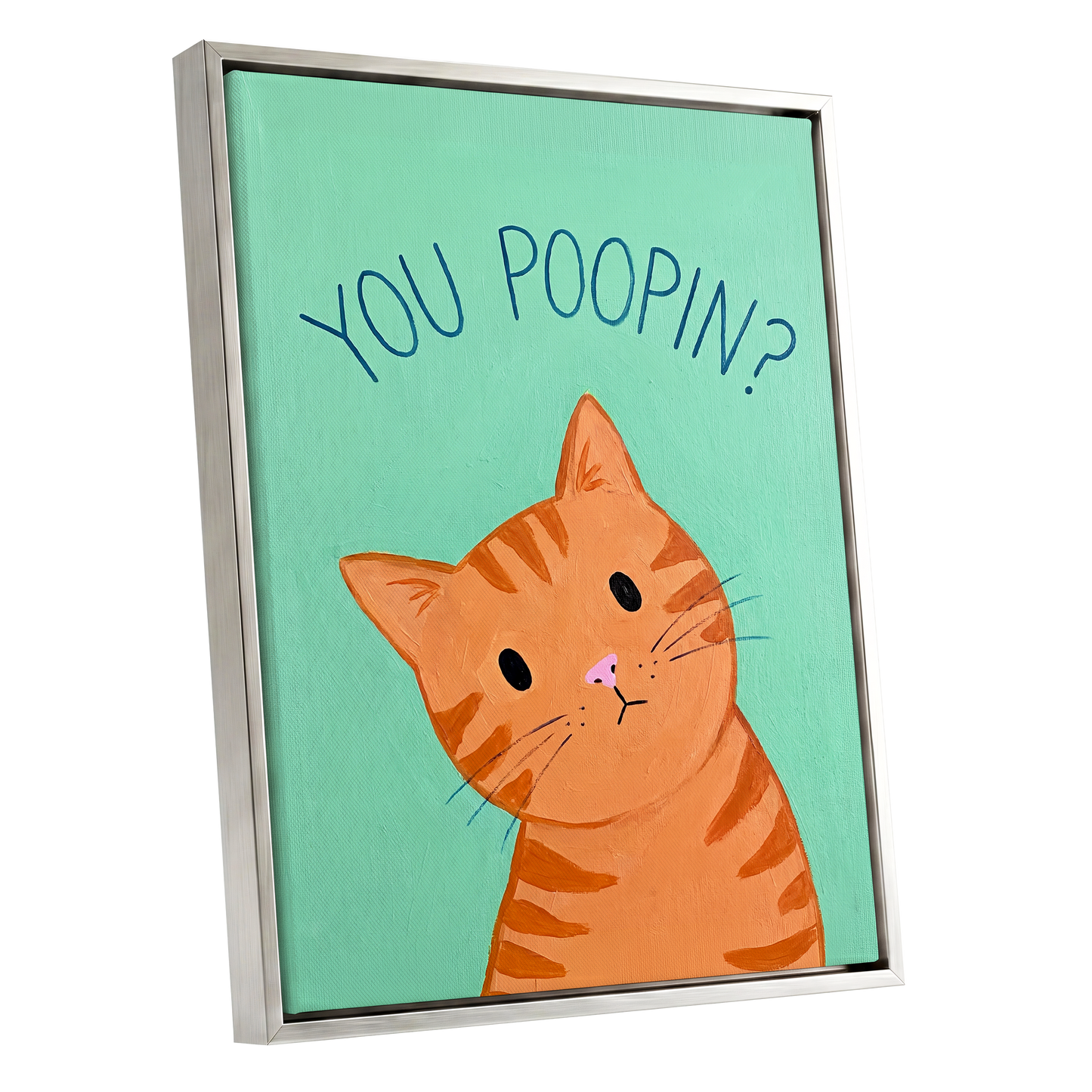 Pardon the Purr?, green, orange, blue nature wall art shown as a silver framed canvas wall art