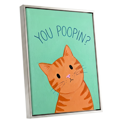 Pardon the Purr?, green, orange, blue nature wall art shown as a silver framed canvas wall art
