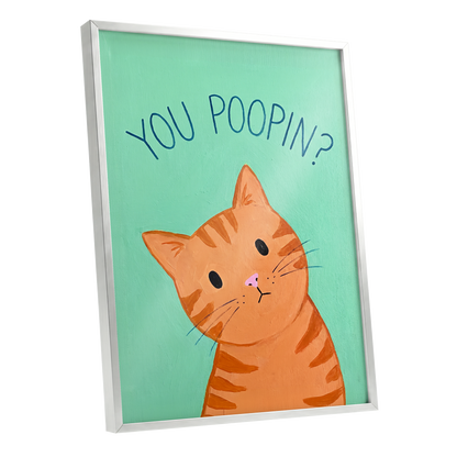 Pardon the Purr?, green, orange, blue nature wall art shown as a silver framed poster wall art print