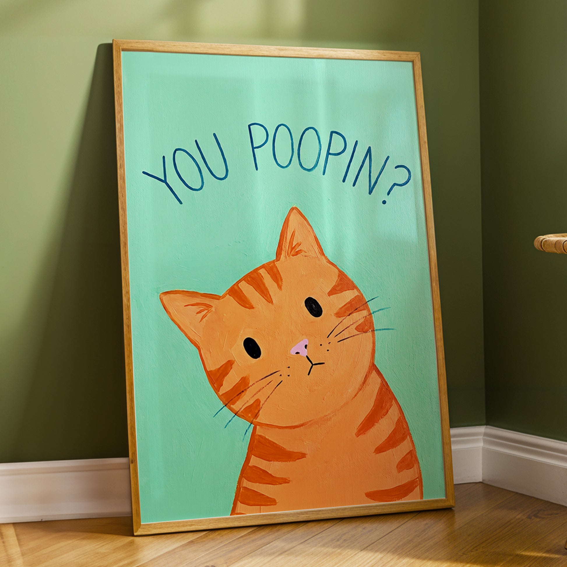 Pardon the Purr?, green, orange, blue nature wall art displayed in a styled interior, gallery view 2