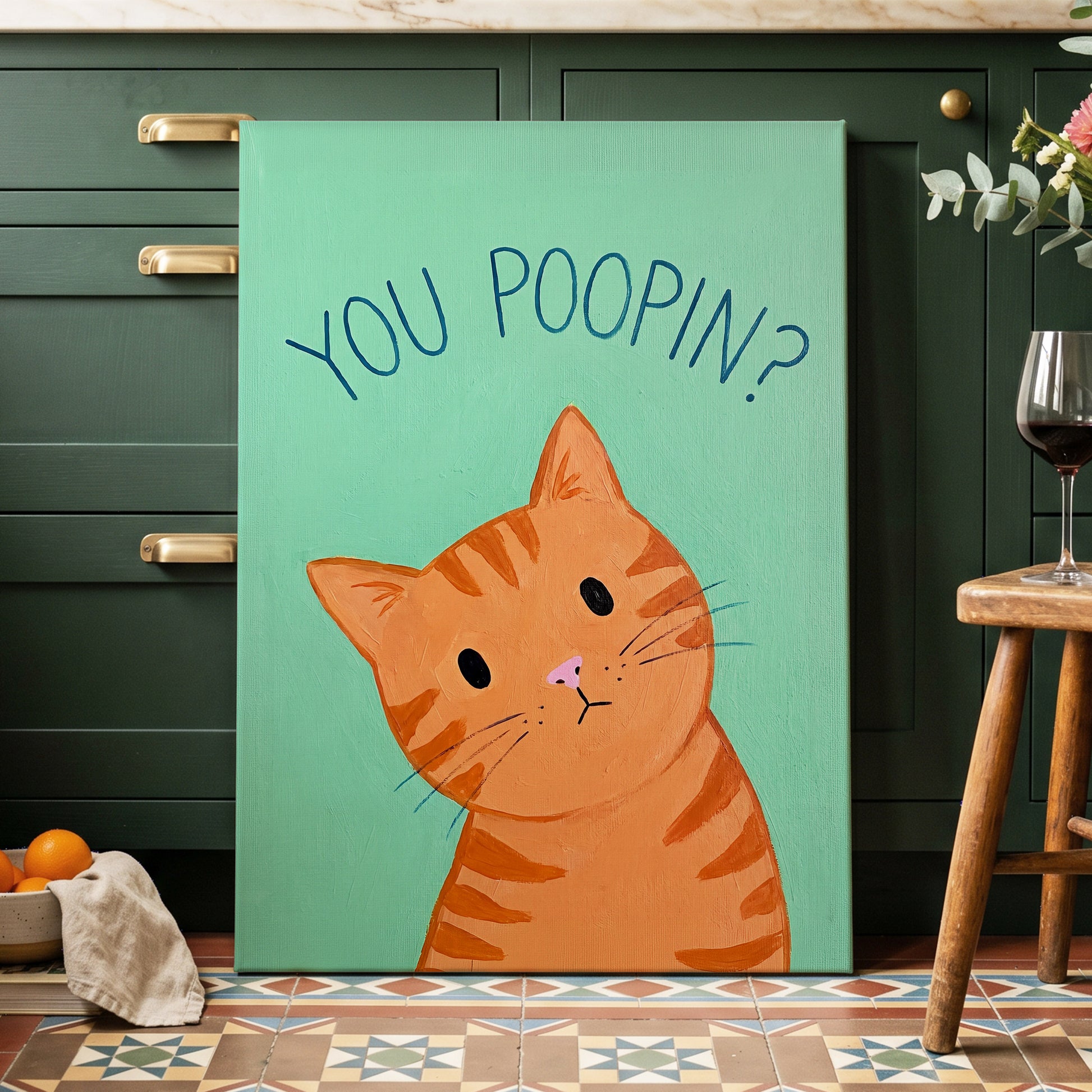 Pardon the Purr?, green, orange, blue nature wall art displayed in a styled interior, gallery view 3