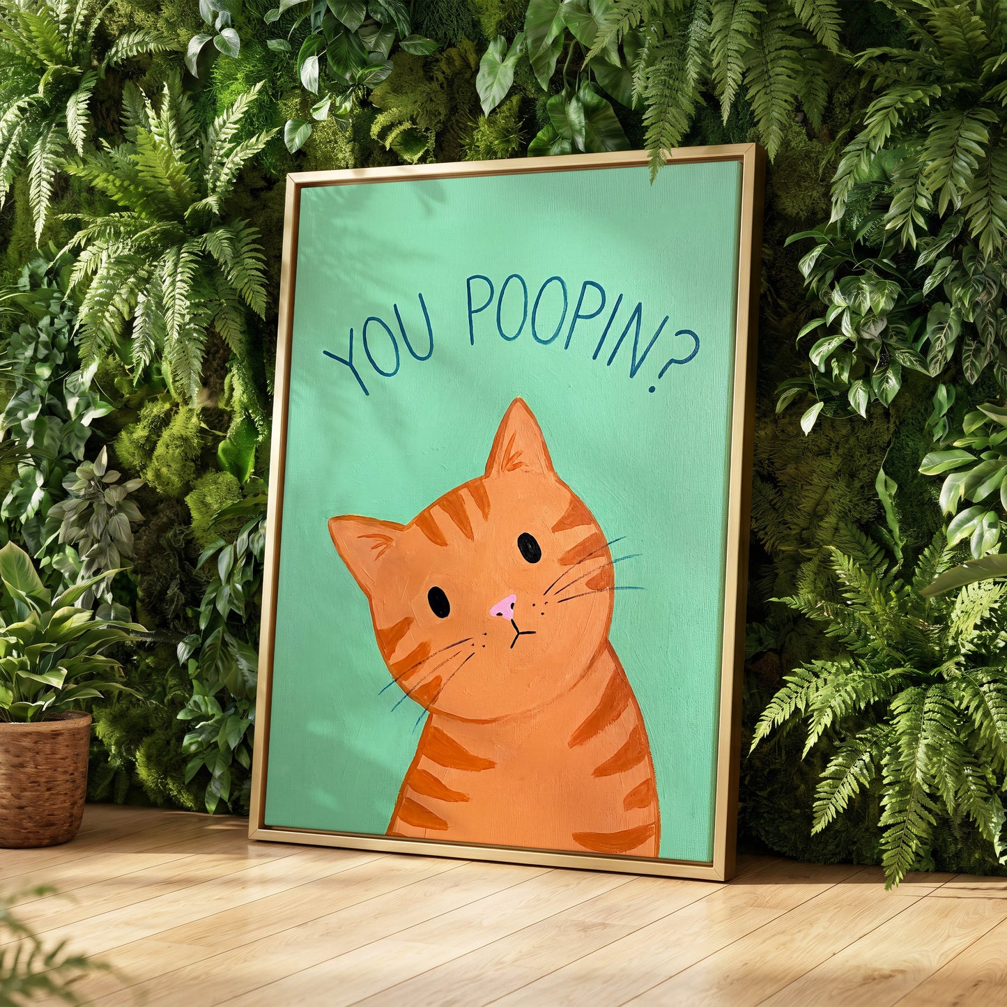Pardon the Purr?, green, orange, blue nature wall art displayed in a styled interior, gallery view 4