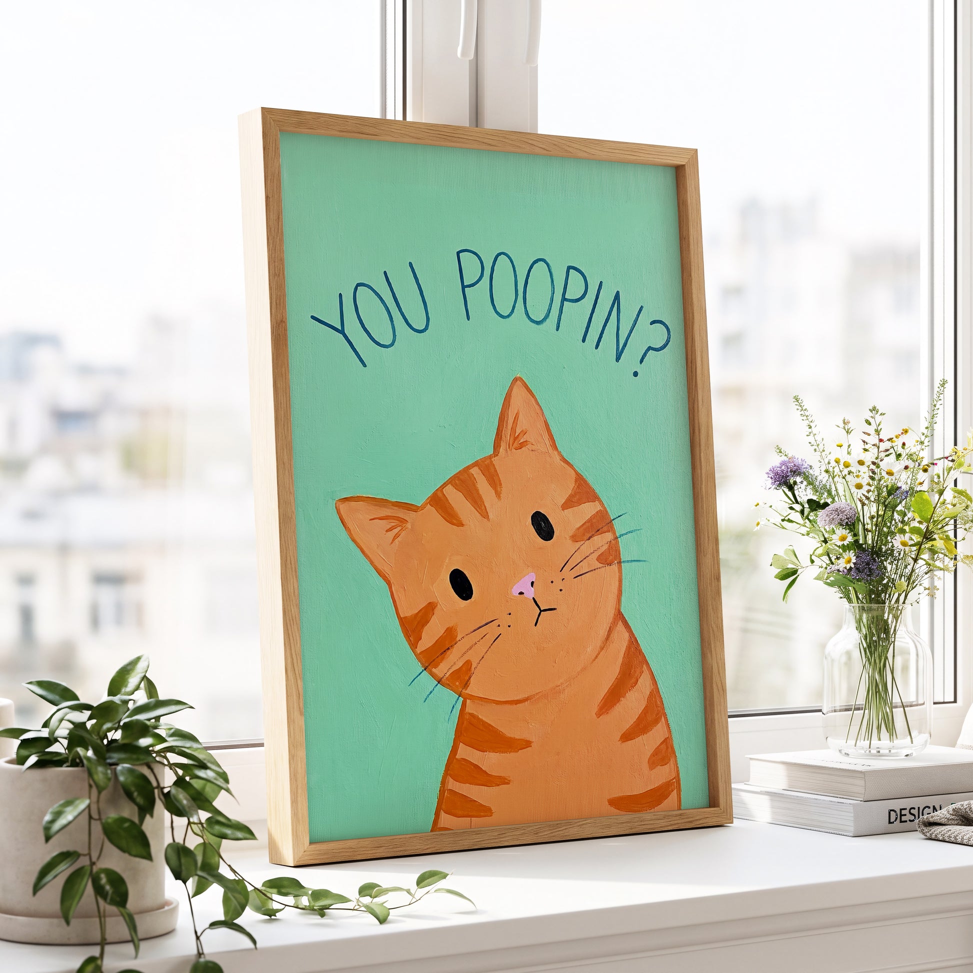 Pardon the Purr?, green, orange, blue nature wall art displayed in a styled interior, gallery view 9