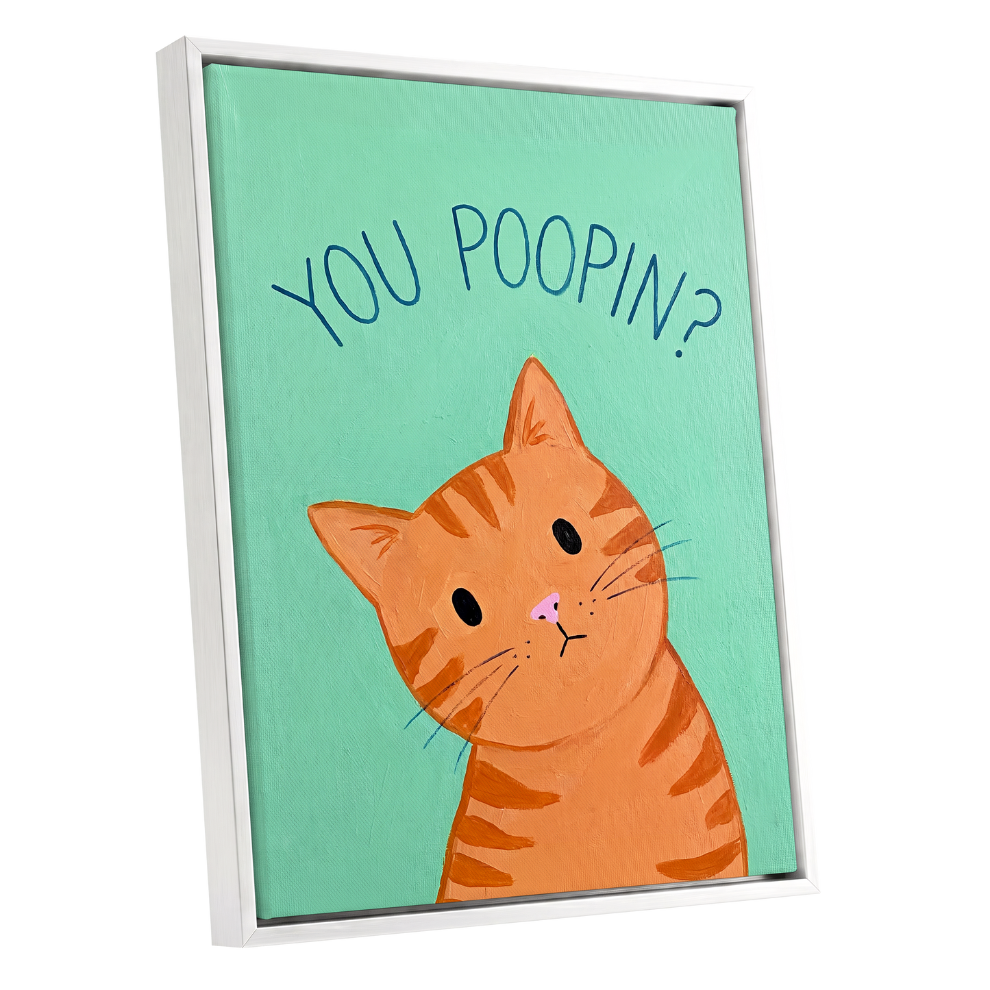 Pardon the Purr?, green, orange, blue nature wall art shown as a white framed canvas wall art