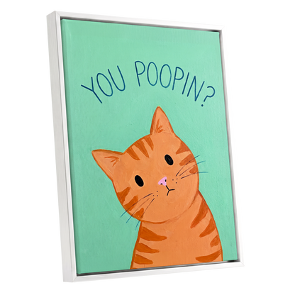 Pardon the Purr?, green, orange, blue nature wall art shown as a white framed canvas wall art