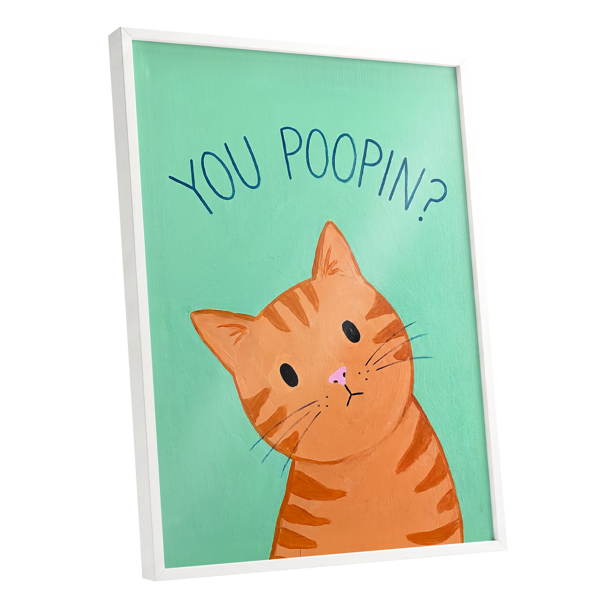 Pardon the Purr?, green, orange, blue nature wall art shown as a white framed poster wall art print